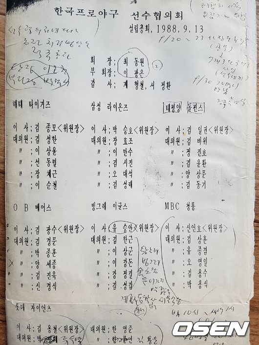[사진] 1988년 9월 13일 한국프로야구선수협의회 조직도 유인물.