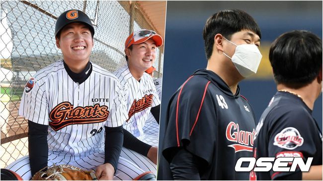 [OSEN=지형준, 이대선 기자] (좌) 신인시절 미국 애리조나 스프링캠프에 참가해 김민수와 휴식을 취하고 있는 나균안. (우) 1일 서울 고척스카이돔에서 열린 키움전에서 투수 전향 후 첫 승을 거두고 미소 짓고 있는 나균안. 2017.02.11. | 2021.06.01. / jpnews@osen.co.kr, sunday@osen.co.kr
