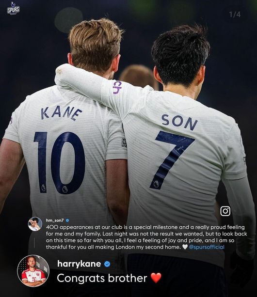 [사진] 손흥민의 400경기 출전 기념 게시글에 축하 댓글을 남긴 해리 케인 / 스퍼스 글로벌 소셜 미디어.