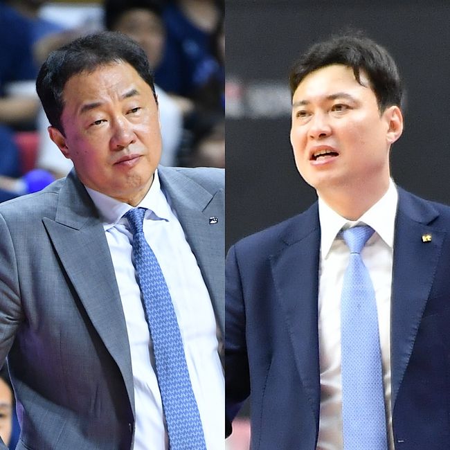 [사진] (왼쪽부터) 전창진 KCC 감독과 송영진 KT 감독 / KBL