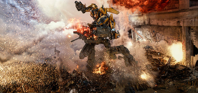 Bumblebee fights off a Sentinel in TRANSFORMERS: THE LAST KNIGHT, from Paramount Pictures.