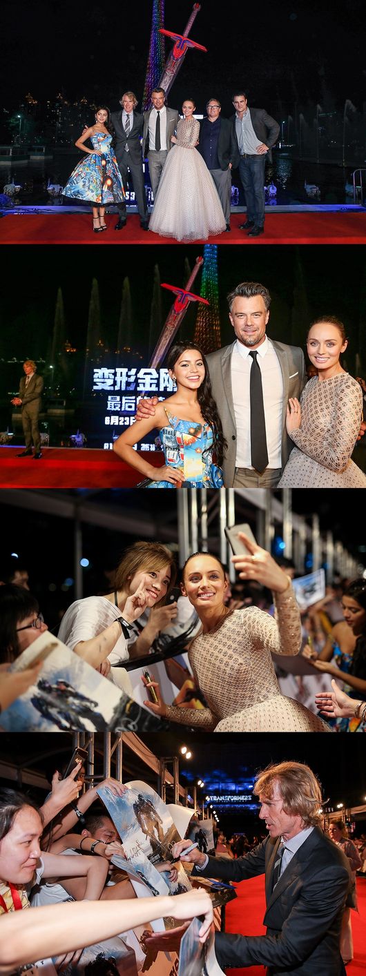 GUANGZHOU, CHINA - JUNE 13:  (L-R) Actress Isabela Moner, Director and Executive Producer Michael Bay, Actor Josh Duhamel, Actress Laura Haddock, Producer Lorenzo di Bonaventura, Executive Producer Mark Vahradian attends the 'Transformers: The Last Knight' China World Premiere and Ten Year Anniversary Celebration at Haixinsha Asian Olympic Games Park on June 13, 2017 in Guangzhou, China.  (Photo by Lintao Zhang/Getty Images for Paramount Pictures) *** Local Caption *** Isabela Moner; Michael Bay; Josh Duhamel; Laura Haddock; Lorenzo di Bonaventura; Mark Vahradian