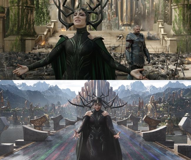 Marvel Studios' THOR: RAGNAROK</div> <div>L to R: Hela (Cate Blanchett) and Skurge (Karl Urban)</div> <div>Ph: Film Frame</div> <div>©Marvel Studios 2017