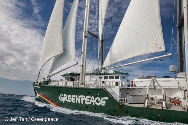 The Rainbow Warrior under sail off the coast of Queensland near Mackay and Hat Point Coal Terminal. The ship was on the Great Barrier Reef as UNESCO passed a decision to keep the Reef on a watching brief due to the impacts of industrialisation, agricultural run off and climate change. The tour also coincided with the 30th anniversary of the bombing of the Rainbow Warrior by the French government on the 10th of July 1985. 