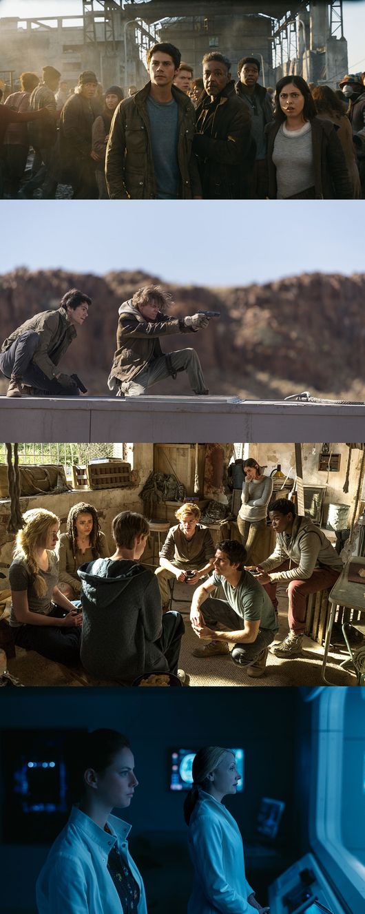 L-r, Dylan O'Brien, Thomas Brodie-Sangster, Giancarlo Esposito, Dexter Darden and Rosa Salazar in Twentieth Century Fox's "Maze Runner: The Death Cure."