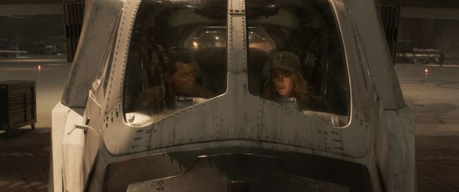 Marvel Studios' CAPTAIN MARVEL<br /><br />L to R: Nick Fury (Samuel L. Jackson) and Captain Marvel (Brie Larson)<br /><br />Photo: Film Frame<br /><br />©Marvel Studios 2019