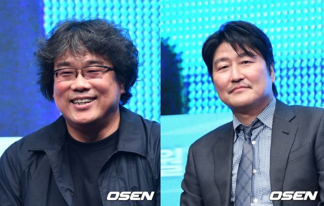 22일 오전 서울 중구 웨스틴조선호텔에서 영화 ‘기생충’ 제작보고회가 열렸다.  배우 봉준호 감독, 송강호가 취재진의 질문을 듣고 있다. /sunday@osen.co.kr