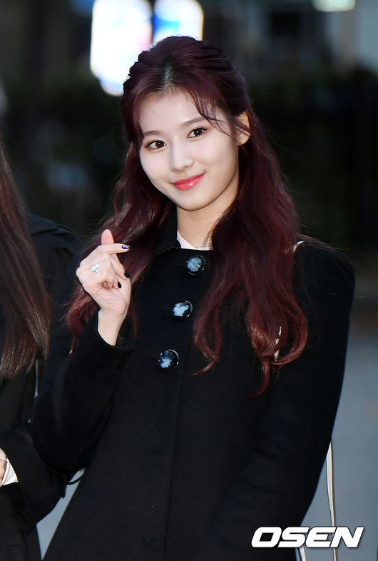 16일 오전 서울 영등포구 여의도 KBS 신관공개홀에서 진행된 뮤직뱅크 출근길 행사에서 그룹 트와이스의 사나가 포즈를 취하고 있다. /rumi@osen.co.kr