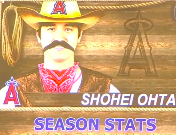 [사진] 카우보이 합성 사진으로 콧수염을 기른 오타니. /MLB.com TV 캡처.