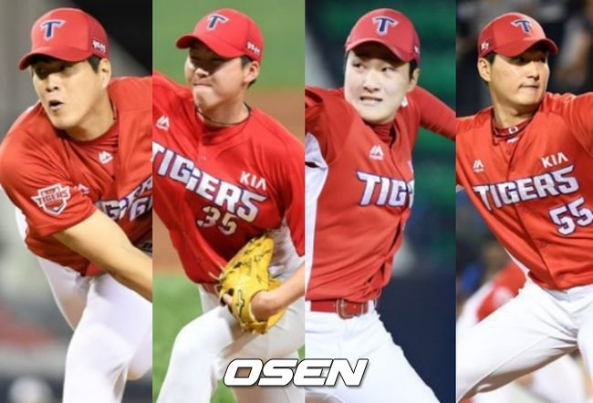 올해 KIA 타이거즈  불펜이 젋은 투수들로 세대교체를 이루고 있다. 왼쪽부터 고영창, 문경찬, 하준영, 전상현.