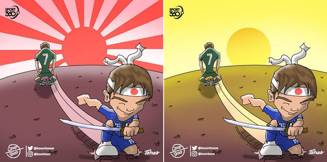 [사진]지난 아랍에미리트 아시안컵 당시 중동지역 유력 스포츠 매체인 'Sport360'의 인스타그램에 올라온 욱일기가 항의후 수정된 모습 /서경덕 교수 제공