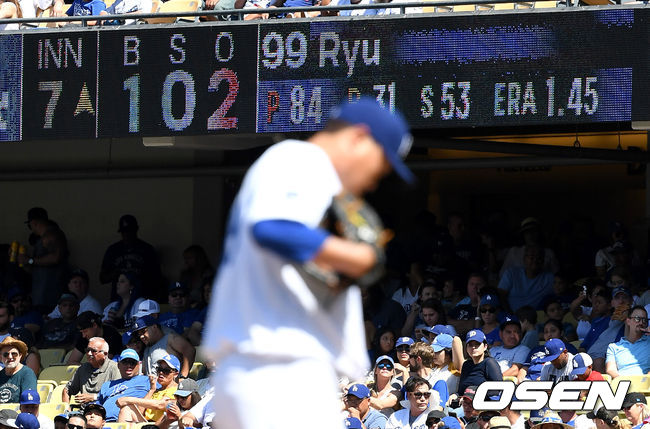 7회초 2사 때 다저스 선발 류현진의 방어율이 전광판에 보여지고 있다. /jpnews@osen.co.kr