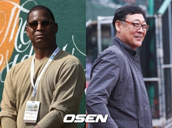 [사진] 제리 로이스터 전 감독-김용희 경기 감독관 / OSEN DB. 
