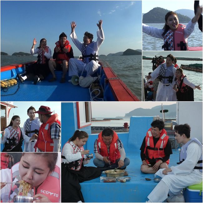 [사진=TV조선 제공] '뽕 따러 가세' 7회에서 바다 한복판에서 사연자를 만난 송가인과 붐 등 스틸 컷.