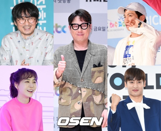 [사진=OSEN DB, 이대선 기자, 박준형 기자, 민경훈 기자] 윤종신(가운데)의 '라디오스타' 마지막 녹화에 게스트로 출연한 장항준(왼쪽 위부터 시계 방향), 유세윤, 박재정, 김이나.