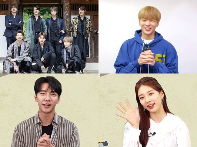 방탄소년단, 강다니엘, 배수지, 이승기(왼쪽 위부터 시계방향)가 추석 인사를 전했다. 방탄소년단 SNS, 강다니엘 SNS, '배가본드' 영상 캡처