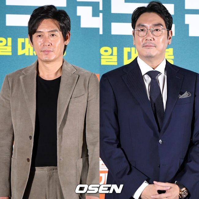 영화 '퍼펙트맨’ 언론시사회가 16일 오후 서울 메가박스 동대문에서 열렸다.  ‘퍼펙트맨’은 까칠한 로펌 대표 ‘장수’(설경구)와 철없는 꼴통 건달 ‘영기’(조진웅)가 사망보험금을 걸고 벌이는 인생 반전 코미디. 오는 10월초 개봉.  배우 설경구와 조진웅이 포토타임을 갖고 있다. /sunday@osen.co.kr