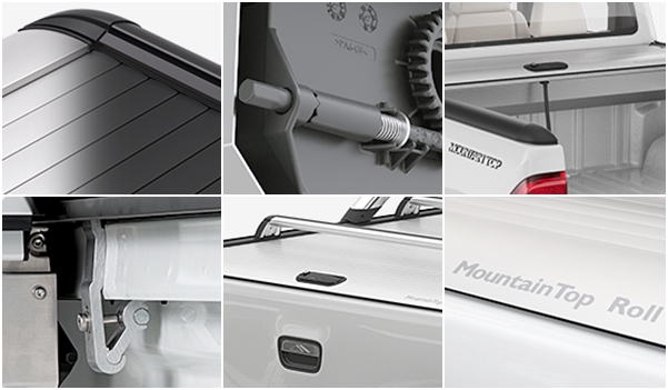 왼쪽부터 시계 방향으로 알루미늄 커버, 롤커버 세기 조절 장치, 통합 배수 시스템, 다중 잠금 및 위치 고정, 차량 테일 게이트 잠금, 클램프온 시스템.