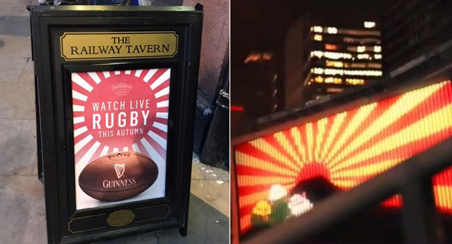 [사진]영국 내 럭비 월드컵 중계를 소개하는 펍 안내판(왼쪽), 아일랜드 최대 통신사중 하나인 보다폰에서 제작한 영상에 럭비 월드컵을 응원하며 등장한 욱일기