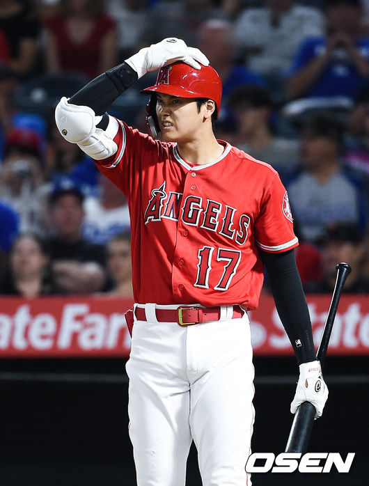 5회말 에인절스 오타니가 헛스윙 후 아쉬워하고 있다./ soul1014@osen.co.kr