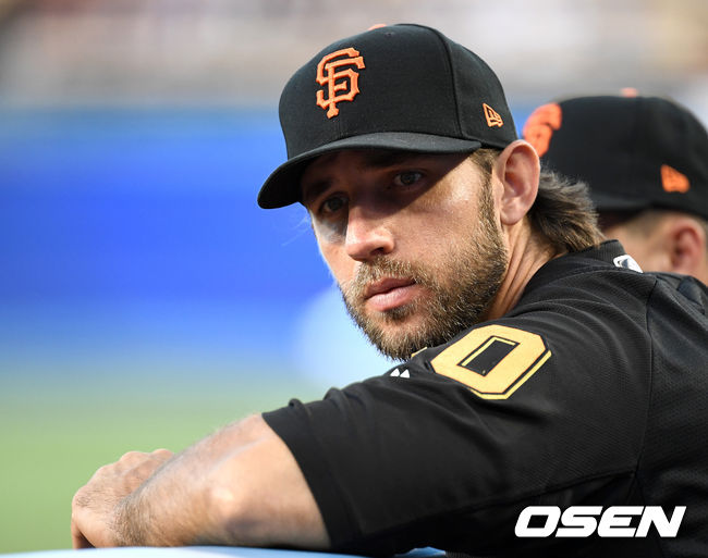 경기 시작을 앞두고 샌프란시스코 매디슨 범가너가 더그아웃에서 그라운드를 바라보고 있다. /dreamer@osen.co.kr
