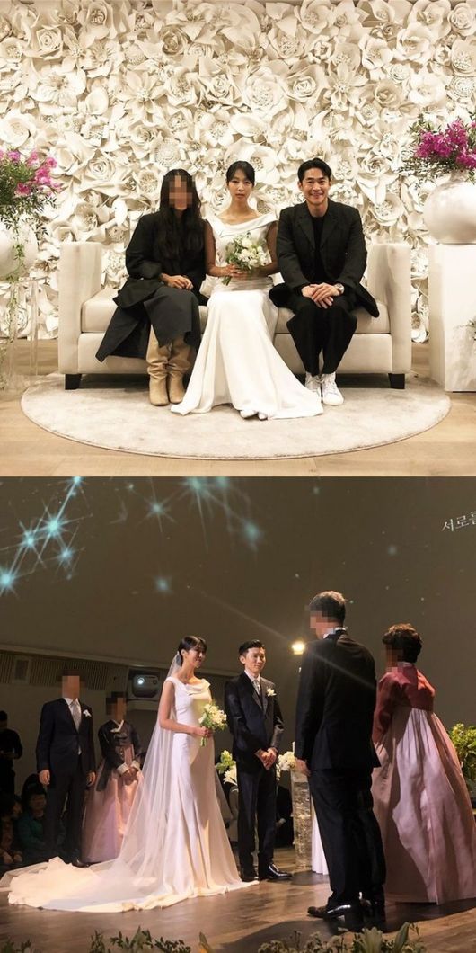 [사진=배정남 SNS] 모델 겸 배우 배정남(위 오른쪽)이 프라이머리와 모델 남보라 부부(아래 중앙)의 결혼식에 하객으로 참석해 축하글을 남겼다.