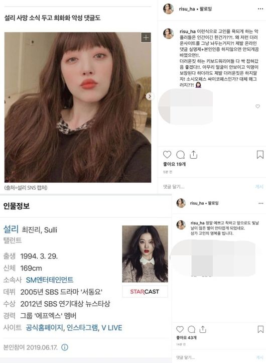 [사진=하리수 SNS] 하리수가 올린 설리 사망 희화화 악성 댓글에 분노한 글(위), 설리 추모글(아래)