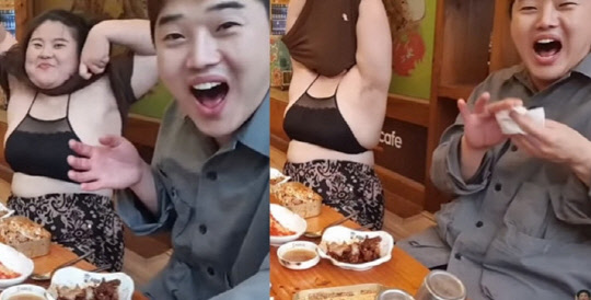 [사진=구도쉘리 유튜브] 구도쉘리와 권혁수가 동반 출연한 '권혁수 감성' 컬래버레이션 콘텐츠에서 논란이 된 상의탈의 장면.