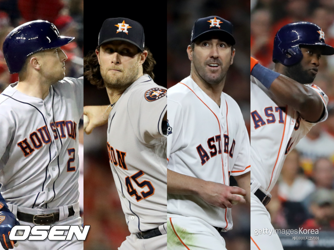 [사진] 휴스턴 애스트로스 알렉스 브레그먼(왼쪽부터), 게릿 콜, 저스틴 벌랜더, 요르단 알바레스. ⓒGettyimages(무단전재 및 재배포 금지)