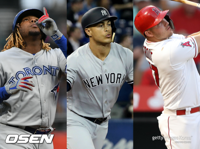 [사진] 블라디미르 게레로 주니어(왼쪽), 지안카를로 스탠튼, 마이크 트라웃. ⓒGettyimages(무단전재 및 재배포 금지)