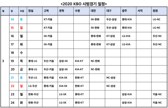 시범경기 일정 / KBO 제공