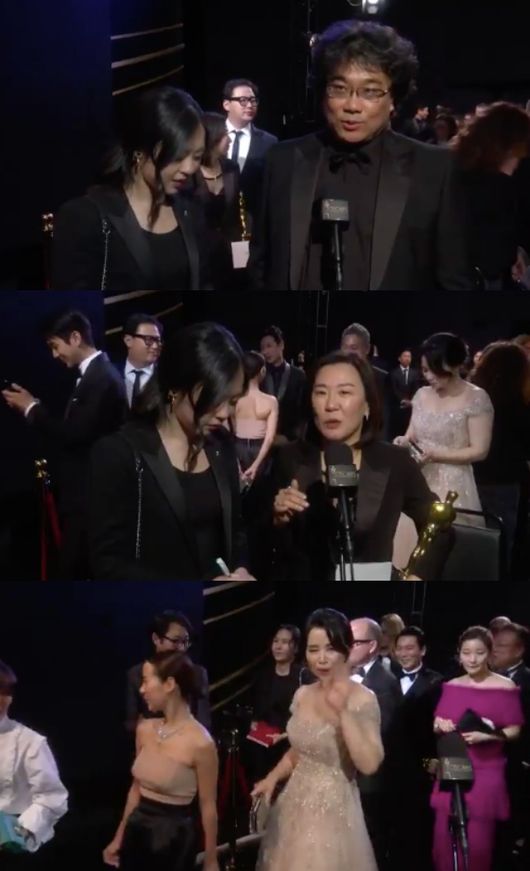 [사진=아카데미 공식 트위터] 영화 '기생충'이 '제 92회 미국 아카데미 시상식'에서 작품상, 감독상, 국제장편영화상, 각본상 4관왕을 차지한 가운데, 오스카 '땡큐 캠'에서 봉준호 감독과 제작사 바른손이앤에이 곽신애 대표가 소감을 밝혔다. 사진은 아카데미 측이 공개한 '땡큐 캠' 영상 일부.