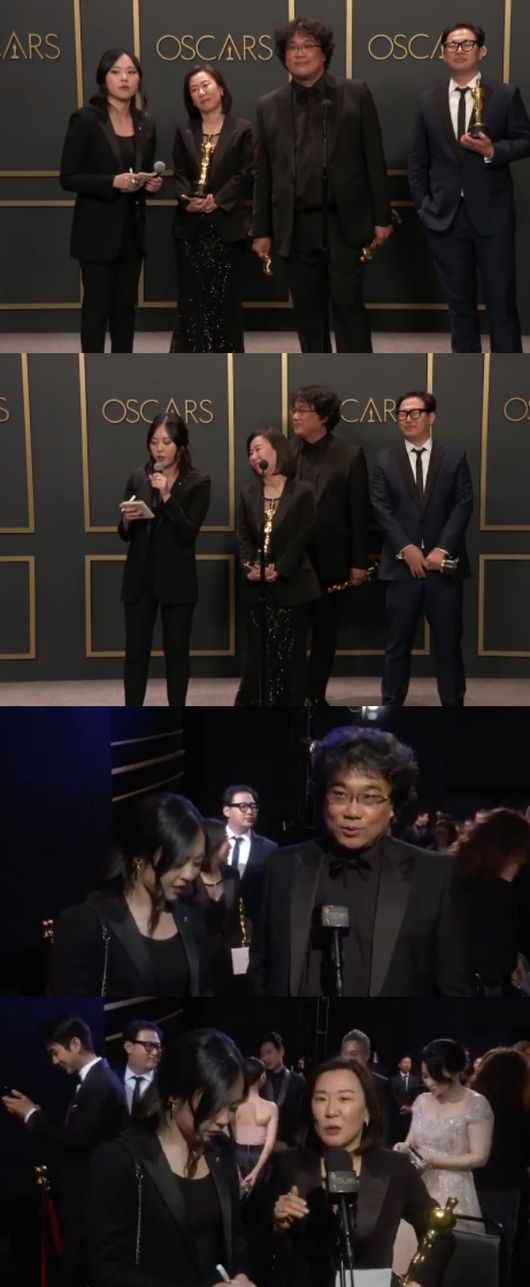 [사진=버라이어티 유튜브, 오스카 공식 트위터 출처] 영화 '기생충'이 아카데미 시상식을 휩쓸었다. 사진은 봉준호 감독과 곽신애 바른손이앤에이대표, 한진원 작가가 통역사 최재성의 도움 아래 외신들과 무대 위에서 인터뷰를 진행하는 모습.