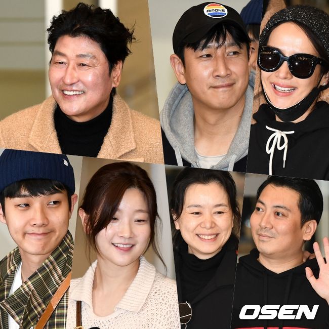 아카데미 4관왕에 등극한 영화 ‘기생충'의 주역들이 12일 새벽 인천국제공항을 통해 입국했다.  앞서 지난 9일(현지시간) 미국 캘리포니아주 LA 돌비극장에서 열린 제92회 미국 아카데미 시상식에서 '기생충'은 외국어(비영어) 영화로는 처음으로 최우수 작품상을 받았고, 감독상, 각본상, 국제장편영화상까지 무려 4관왕으로 최다 수상작이 돼 92년 아카데미 역사를 새로 썼다. 한국 영화가 아카데미 후보에 올라 트로피까지 거머쥔 것은 이번이 처음이다.   시상식 직후, 스케줄로 인해 먼저 한국으로 출발한 이정은을 제외한 송강호, 이선균, 조여정, 장혜진, 최우식, 박명훈, 박소담을 비롯해 제작사 바른손이앤에이 곽신애 대표, 한진원 작가, 이하준 미술감독, 양진모 편집감독 등이 같은 비행기를 타고 돌아왔다.  한진원 작가, 양진모 편집감독, 이하준 미술감독, 배우 이선균, 최우식, 송강호, 곽신애 대표, 박소담, 조여정, 박명훈, 장혜진(왼쪽부터)가 귀국하며 포즈를 취하고 있다. /dreamer@osen.co.kr