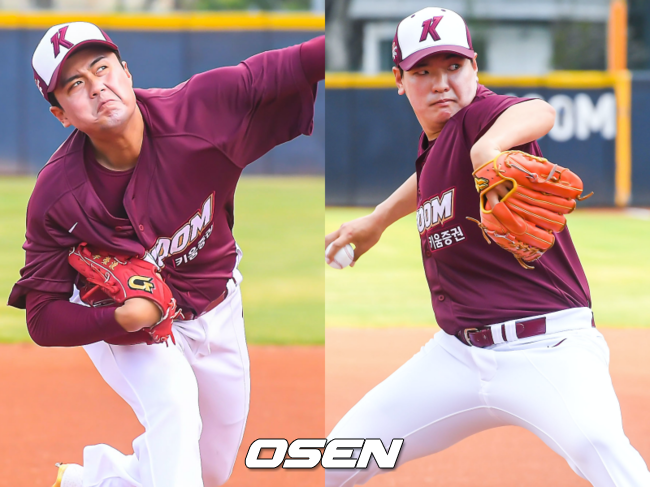 키움 히어로즈 이영준(왼쪽), 조덕길이 라이브 피칭에서 힘차게 공을 뿌리고 있다./spjj@osen.co.kr