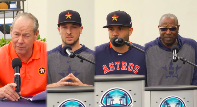 [사진] 짐 크레인 휴스턴 구단주-알렉스 브레그먼-호세 알투베-더스티 베이커 감독(왼쪽부터) / MLB.com