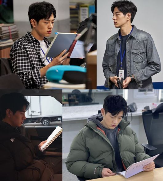 [사진=51K 제공] 이승우가 '더 게임' 촬영장에서 대본에 집중하고 있다.