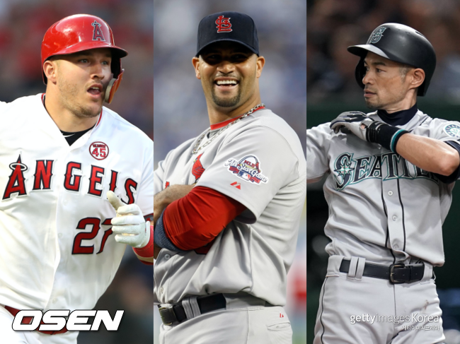 [사진] 마이크 트라웃(왼쪽부터), 알버트 푸홀스, 이치로 스즈키. ⓒGettyimages(무단전재 및 재배포 금지)