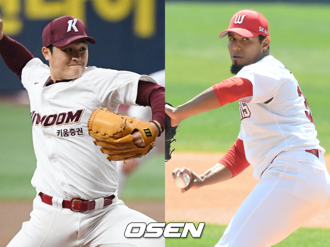[사진] 키움 히어로즈 최원태(왼쪽), SK 와이번스 핀토 / OSEN DB