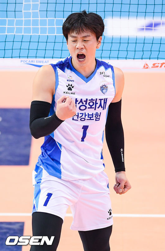 8일 오후 대전 충무체육관에서 열린 도드람 2018~2019 V-리그 남자부 삼성화재와 KB손해보험의 경기, 2세트 삼성화재 송희채가 득점 후 환호하고 있다./ soul1014@osen.co.kr