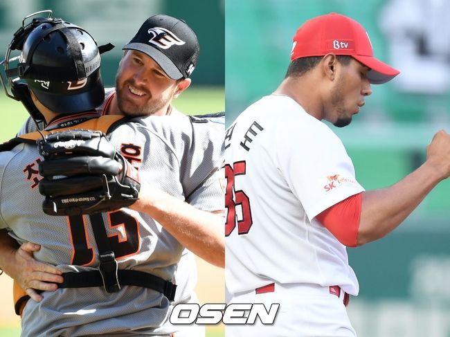 [사진] 한화 서폴드(왼쪽), SK 핀토 / OSEN DB