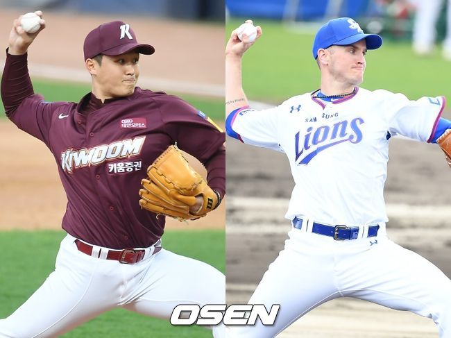 [사진] 키움 히어로즈 최원태(왼쪽), 삼성 라이온즈 뷰캐넌 / OSEN DB 