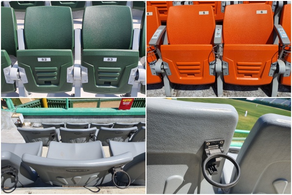 잠실구장 새 외야석(위 사진 왼쪽)과 기존 내야 지정석(위 사진 오른쪽), 인천 SK행복드림구장의 외야석 컵홀더(아래 사진) /orange@co.kr