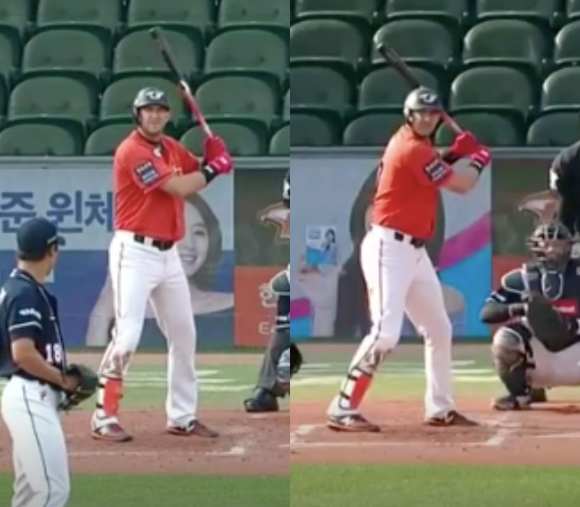 [사진] 14일 두산전 첫 타석에서 타격폼에 변화를 준 호잉(오른쪽). 왼쪽이 평소 타격폼. /KBSN스포츠 중계화면 캡처