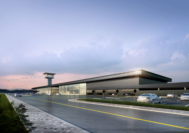 현대차그룹 드라이빙 익스피리언스 센터 이용자 전용 건물 조감도. 관제탑이 있는 건물 왼쪽은 한국타이어앤테크놀로지 연구동. 