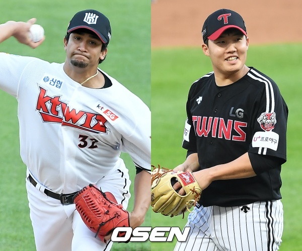 [사진] KT 위즈 윌리엄 쿠에바스(좌)-LG 트윈스 임찬규(우) / OSEN DB