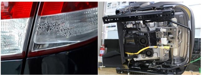 습기 찬 리어컴비네이션 램프(왼쪽)와 방청처리가 되지 않은 운전석 시트 밑부분. 