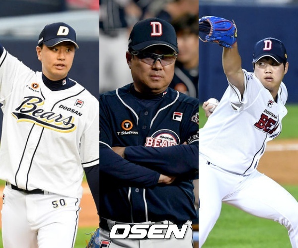 [사진] 두산 이영하-김태형 감독-함덕주 / OSEN DB