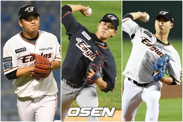 [사진] 한화 불펜 강재민-윤대경-김종수(왼쪽부터). 