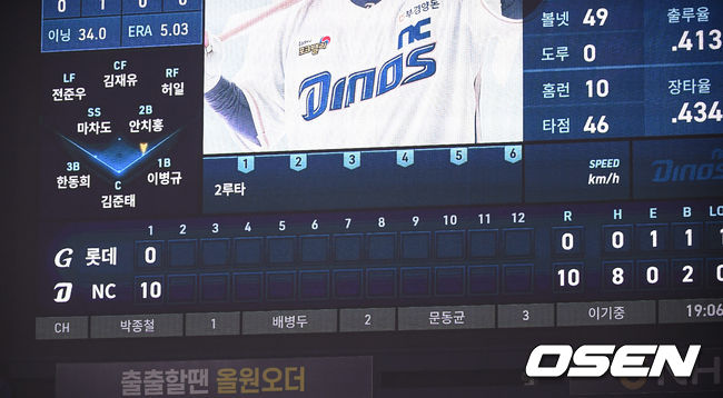 1회말 전광판에 NC 10득점이 표시되어 있다./ soul1014@osen.co.kr